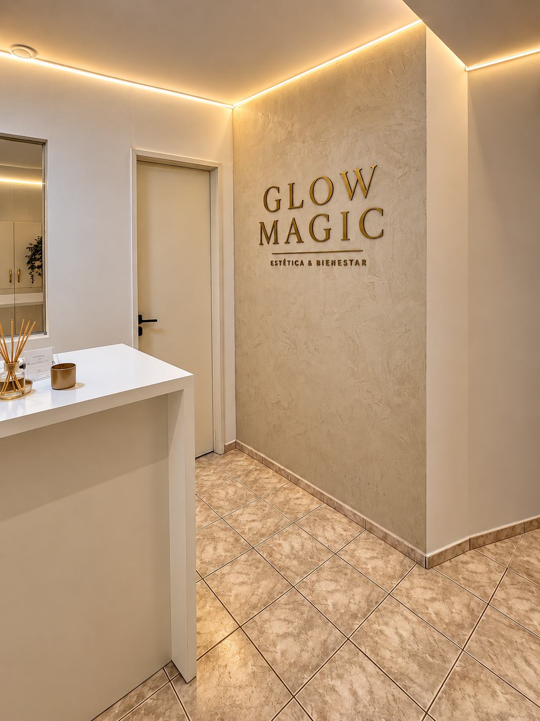 Recepción de Glow Magic con el logo dorado en la pared